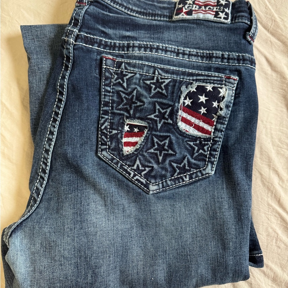 Grace in LA Dark Blue Boot Cut Jeans with Star and Stripe Patch